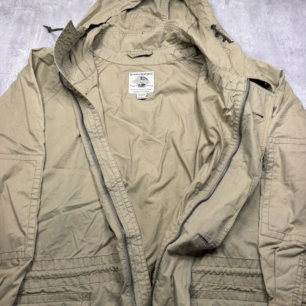 Vintage Banana Republic Safari Travel Parka Jacket Zip Hood Mens L 80's Zip Up